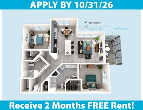 Floor plan for 2 beds, 2 baths, 1166 sqft
